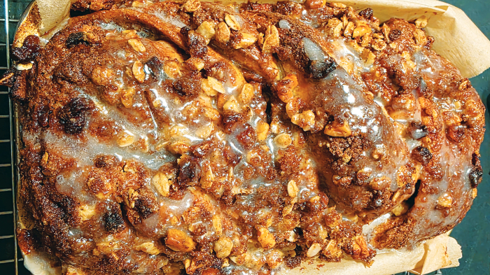 A slice of the finished bread is delicious
served warm from the oven with butter.